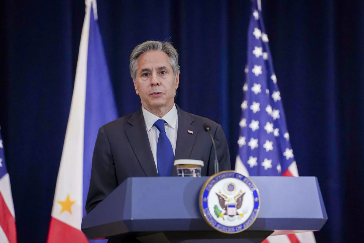 U.S. Secretary of State Antony Blinken attends a press conference at the State Department in Washington on April 11, 2023. (Madalina Vasiliu/The Epoch Times)