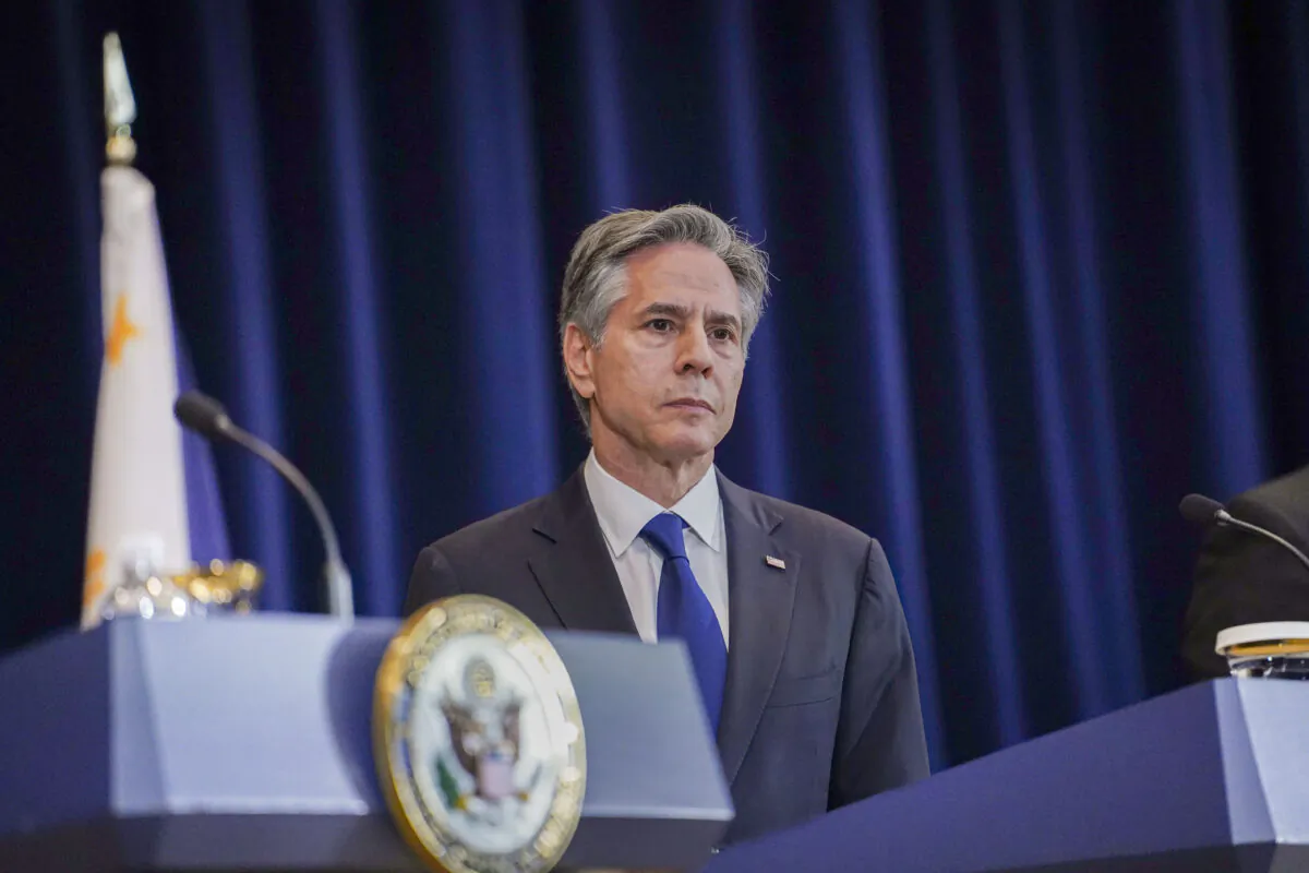 U.S. Secretary of State Antony Blinken attends a press conference at the Department of State in Washington on April 11, 2023. (Madalina Vasiliu/The Epoch Times)