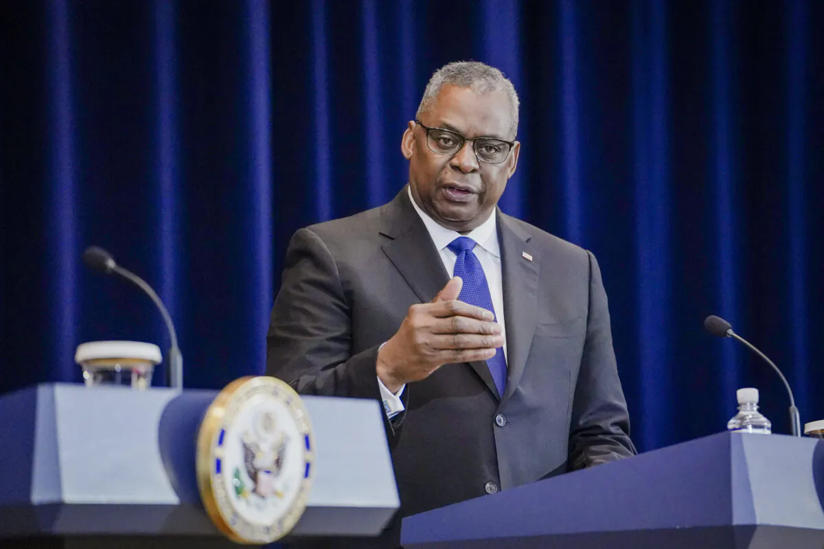 U.S. Secretary of Defense Lloyd Austin attends a press conference at the State Department in Washington on April 11, 2023. (Madalina Vasiliu/The Epoch Times)