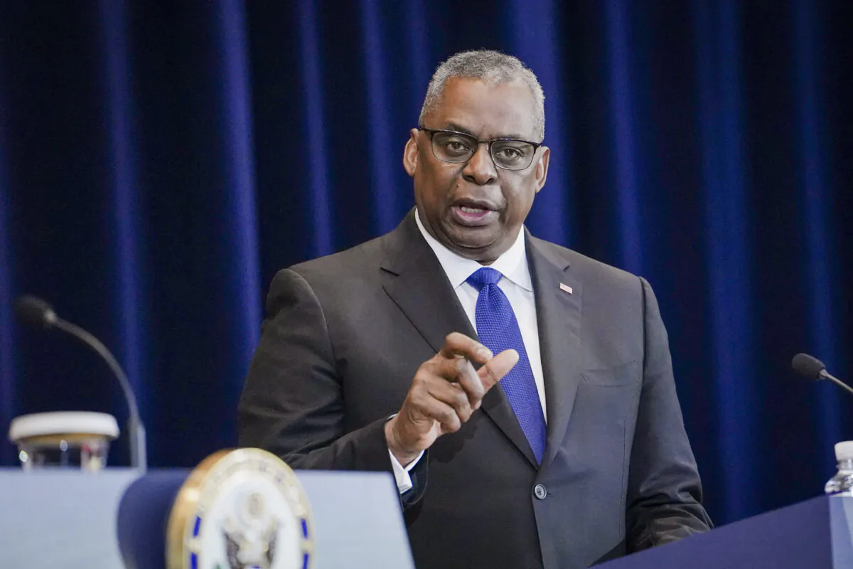 Secretary of Defense Lloyd Austin attends a press conference at State Department in Washington on April 11, 2023. (Madalina Vasiliu/The Epoch Times)