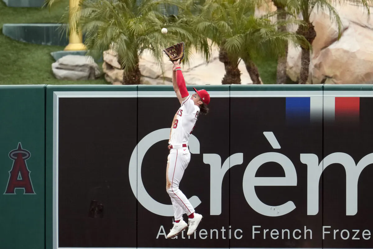 Los Angeles Angels center fielder Brett Phillips makes a leaping catch on a fly ball from Washington Nationals' Keibert Ruiz during the sixth inning of a baseball game in Anaheim, Calif., on April 12, 2023. (Marcio Jose Sanchez/AP Photo)