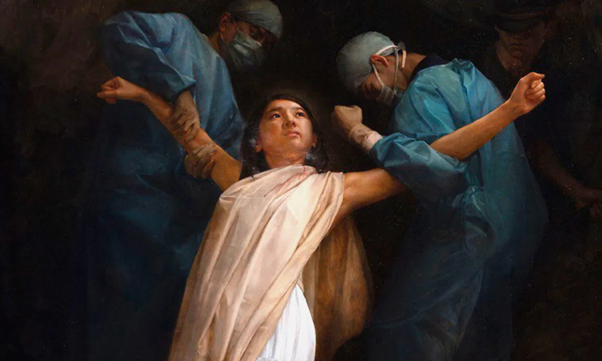 "A [Falun] Dafa Disciple at the Moment of Organ Harvesting" by Hung Yu Chen: the painting was awarded an Honorable Mention in the 2019 NIFPC and depicts the moment when a Falun Dafa adherent, incarcerated for her faith, is forcibly taken away by the doctors in China to harvest her organs, while she is alive and healthy. (NTD International Figure Painting Competition)