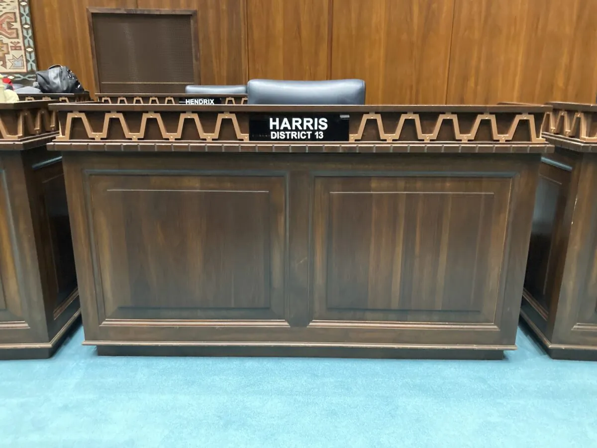 The desk used by Arizona Republican Rep. Liz Harris at the state Capitol in Phoenix stands empty moments after she was expelled from the Legislature on April 12, 2023. (Jonathan J. Cooper/AP Photo)