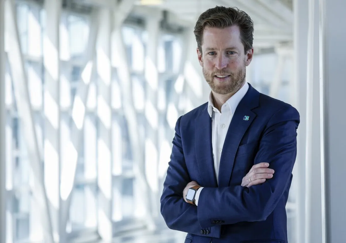 WestJet CEO Alexis von Hoensbroech pauses for a portrait at the airline's headquarters in Calgary, Alta., on June 30, 2022. (The Canadian Press/Jeff McIntosh)
