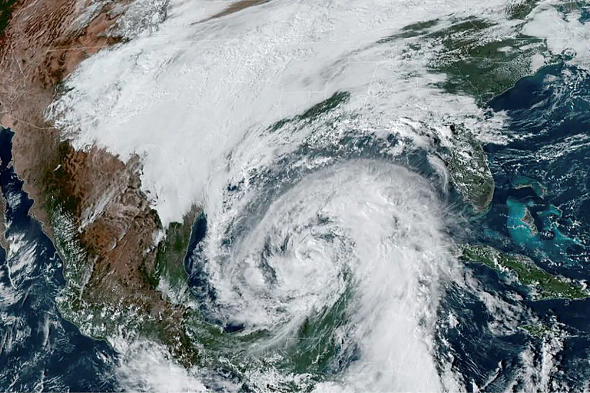 A satellite image shows Tropical Storm Hanna, which is expected to strengthen to a hurricane, in the Gulf of Mexico and approaching the coast of Louisiana on Oct. 27, 2020. (NOAA/Handout via Reuters)