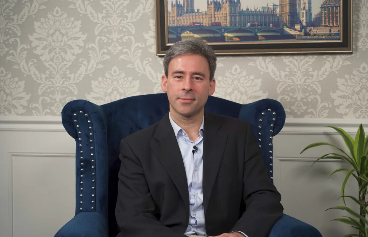 Eric Kaufmann, former professor of politics at Birkbeck, University of London, being interviewed by NTD's Lee Hall in London in April 2023. (NTD)