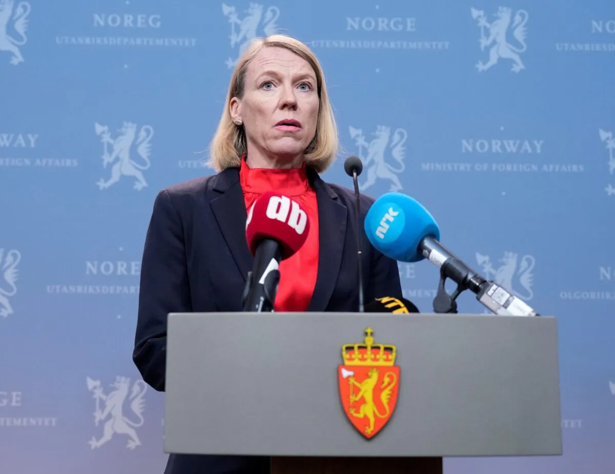 Norway's Foreign Minister Anniken Huitfeldt holds a press conference at the Foreign Ministry in Oslo, Norway, on April 13, 2023. (Javad Parsa/NTB Scanpix via AP)