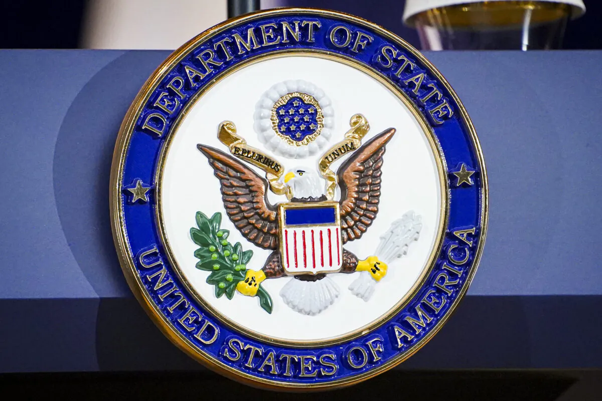 The podium at the U.S. State Department in Washington on April 11, 2023. (Madalina Vasiliu/The Epoch Times)