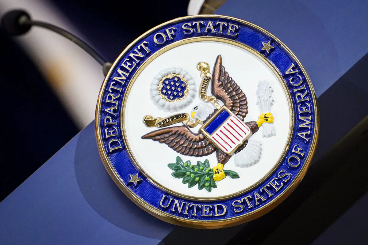 The podium at the State Department in Washington on April 11, 2023. (Madalina Vasiliu/The Epoch Times)