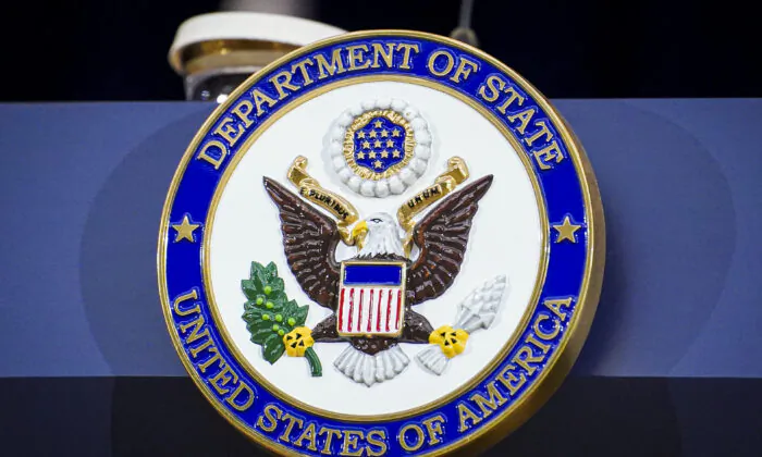 The podium at the State Department in Washington on April 11, 2023. (Madalina Vasiliu/The Epoch Times)