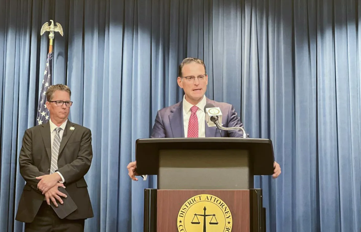 Riverside County District Attorney Mike Hestrin speaks during a press conference in downtown Riverside, Calif., on April 12, 2023. (Jamie Joseph/The Epoch Times)
