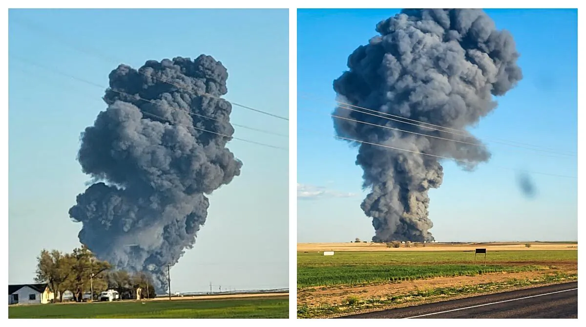 Smoke is visible a day after a massive explosion at a Texas dairy farm in photos published on April 12, 2023. (Castro County Sheriff's Office)