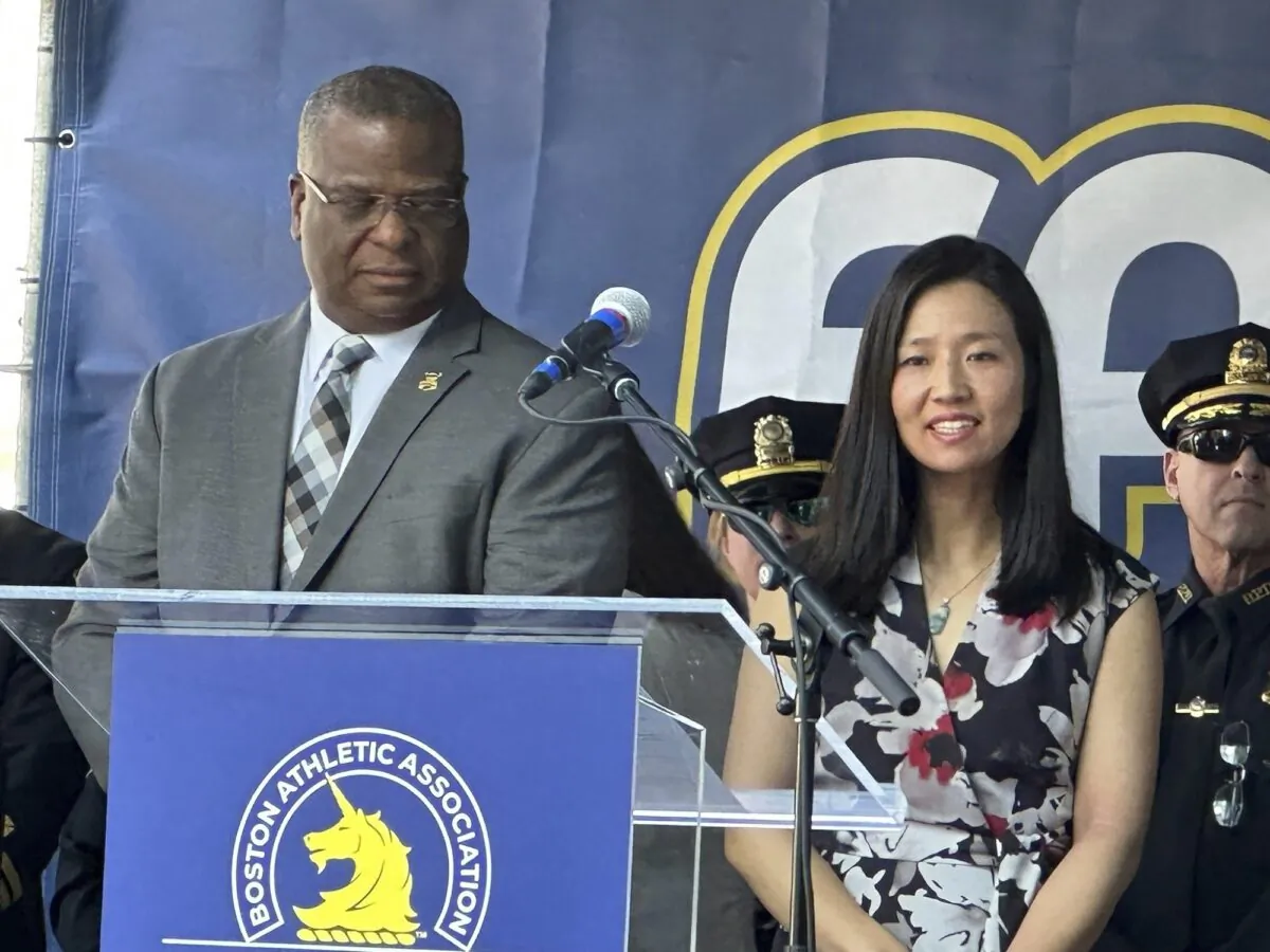 Boston Police Commissioner Michael Cox (L) and Boston Mayor Michelle Wu attend a news conference in Boston on April 13, 2023, to discuss public safety at the Boston Marathon. (Mark Pratt/AP Photo)