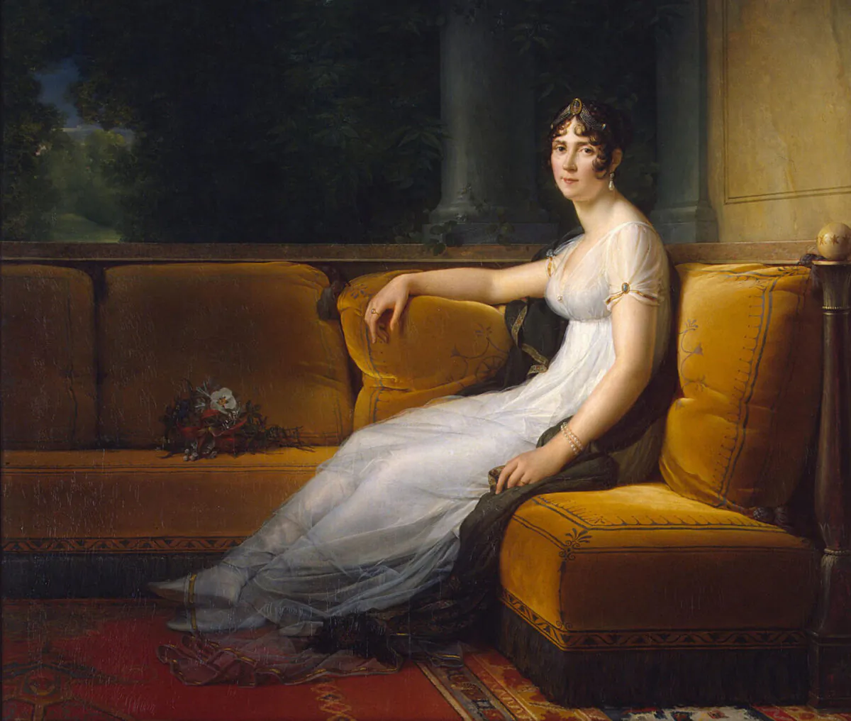 Madame Bonaparte wearing an empire silhouetted, diaphanous dress, still in vogue today. Detail from Jospehine's 1801 portrait François Gérard. Oil on canvas. Hermitage Museum, Saint Petersburg. (Public Domain)
