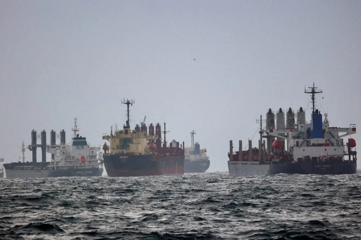 Vessels await inspection under the Black Sea Grain Initiative, brokered by the United Nations and Turkey, in the southern anchorage of the Bosphorus in Istanbul on Dec. 11, 2022. (Yoruk Isik/Reuters)