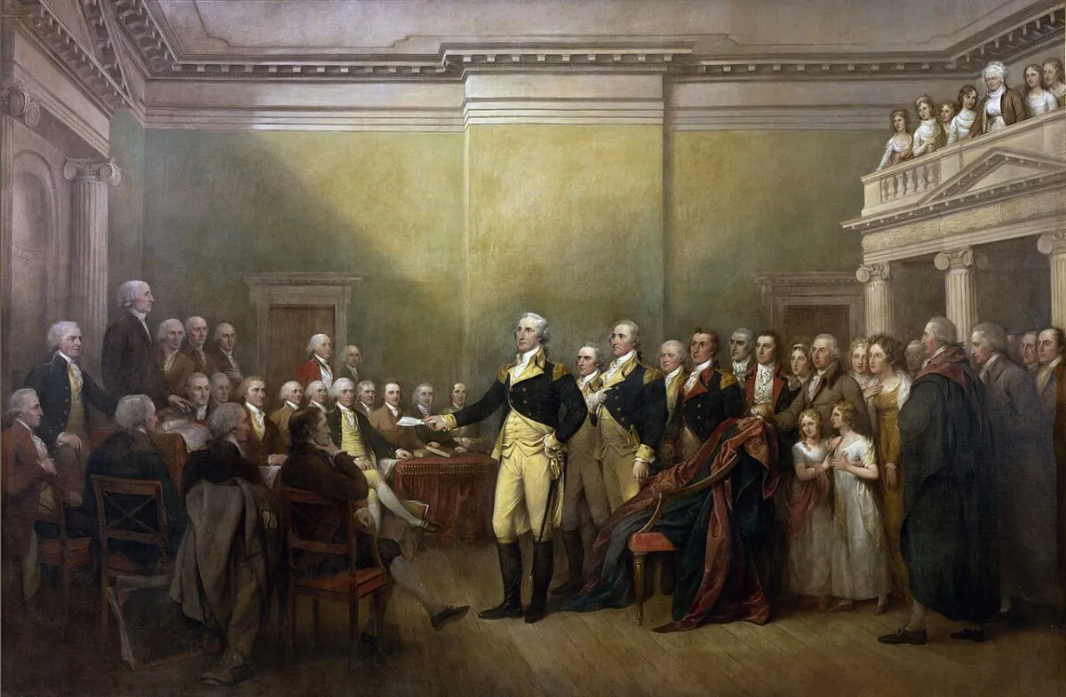 In his farewell address, George Washington celebrated American successes and praised the cause of liberty. "General George Washington Resigning His Commission," 1783, by John Trumbull. (Public Domain)