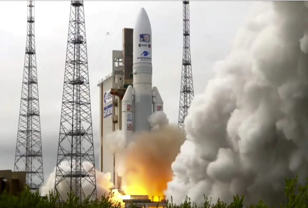 An Ariane rocket carrying the robotic explorer Juice takes off from Europe's Spaceport in French Guiana, on April 14, 2023. (ESA via AP)