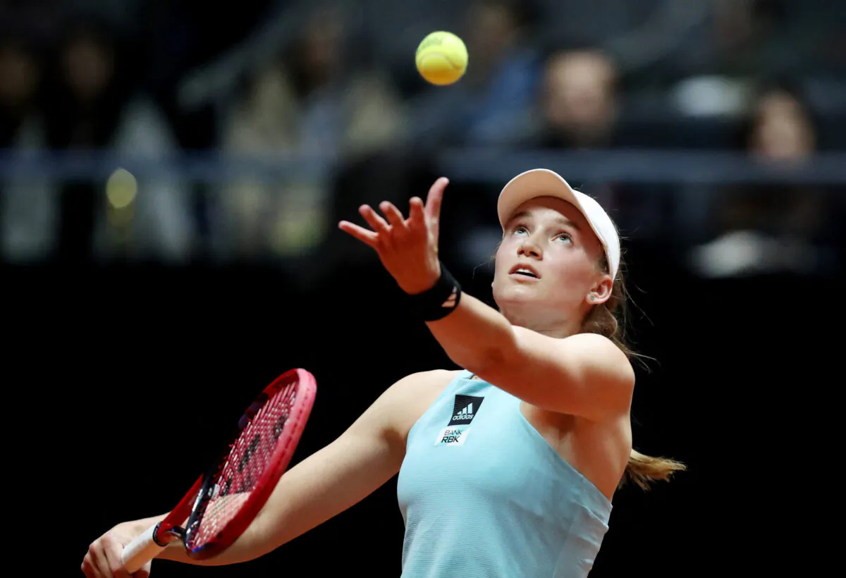 Kazakhstan's Elena Rybakina in action during her singles match against Poland's Weronika Falkowska at the Billie Jean King Cup Qualifier match between Kazakhstan and Poland at National Tennis Centre Beeline Arena in Astana, Kazakhstan, on April 14, 2023. (Pavel Mikheyev/Reuters)