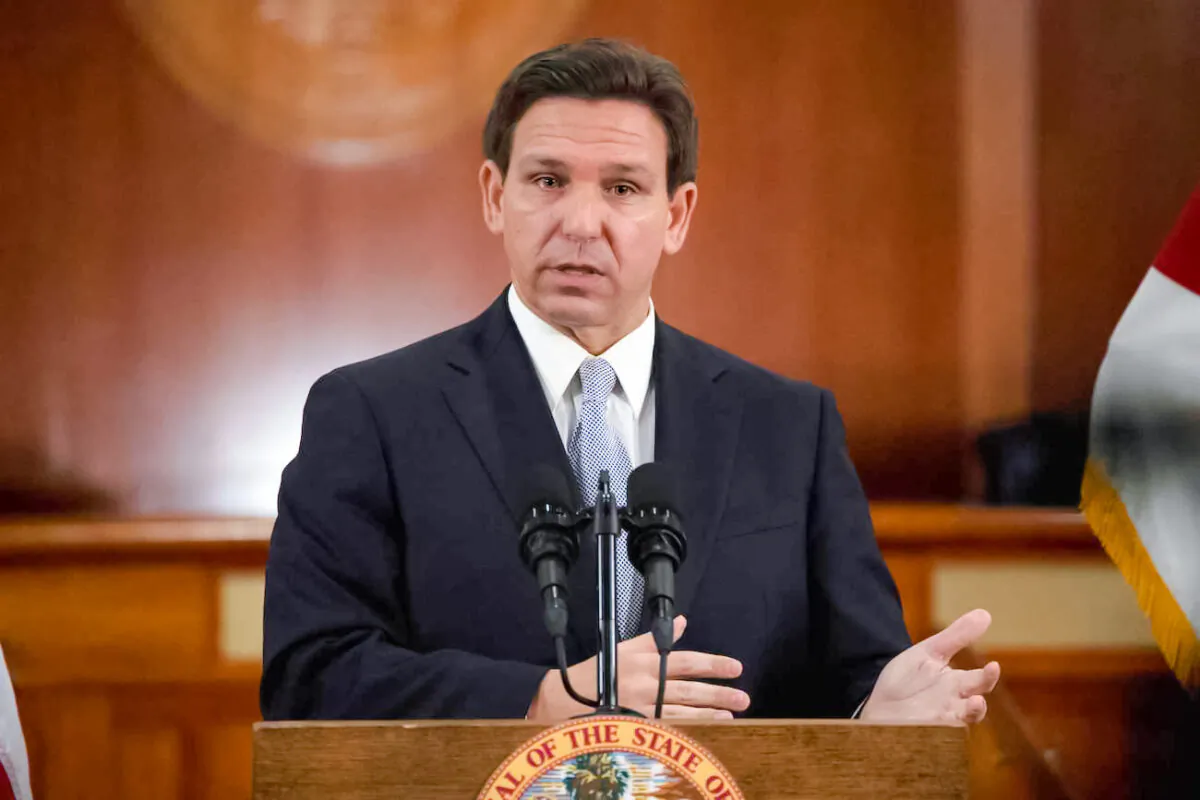 Florida Gov. Ron DeSantis answers questions from the media in the Florida Cabinet following his State of the State address during a joint session of the Senate and House of Representatives, at the Capitol in Tallahassee, Fla., on March 7, 2023. (Cheney Orr/AFP via Getty Images)