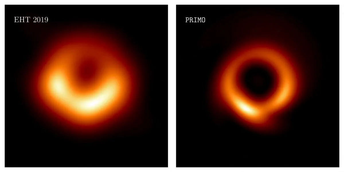 The image of the supermassive black hole in the galaxy M87 originally imaged by the Event Horizon Telescope (EHT) collaboration in 2019 is seen on the left; and new image generated by the PRIMO algorithm using the same data set is seen on the right, in this combination picture. (Medeiros et al. 2023/Handout via Reuters)