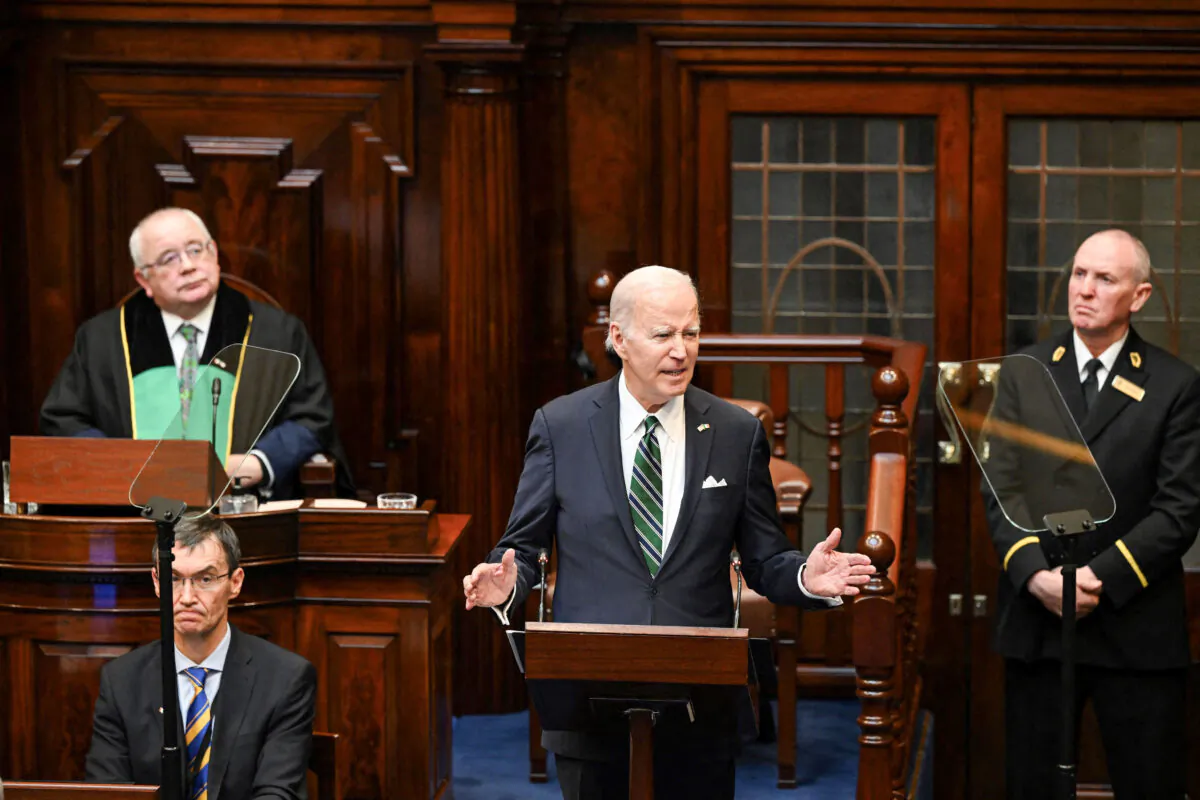 U.S. President Joe Biden addresses the Irish parliament at Leinster House in Dublin on April 13, 2023. (Kenny Holston/POOL/AFP via Getty Images)