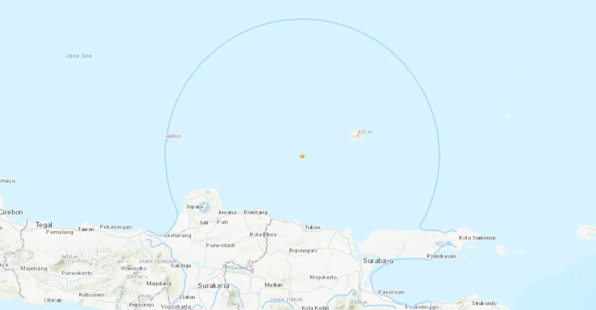 A map shows the location of an earthquake that struck parts of Indonesia’s main island of Java and tourist island of Bali on April 14, 2023. (USGS/Screenshot via The Epoch Times)