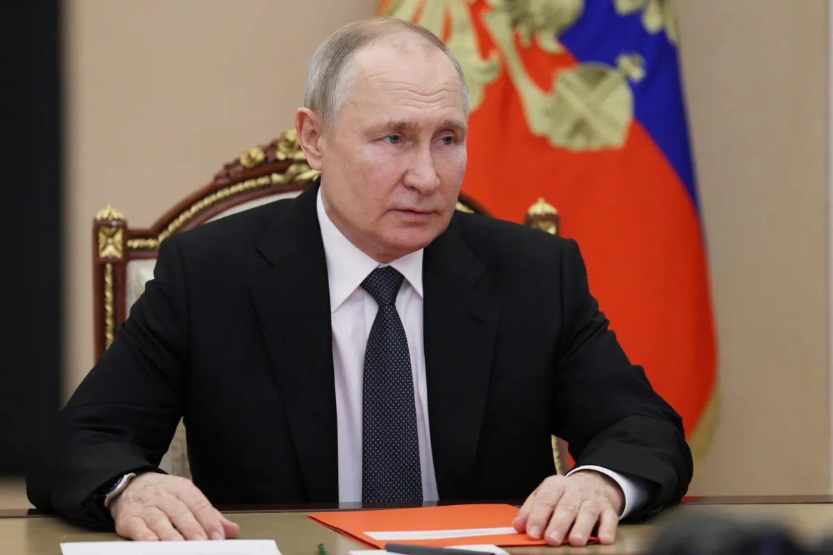 Russian President Vladimir Putin chairs a Security Council meeting via videoconference in Moscow on April 14, 2023. (Aleksey Babushkin, Sputnik, Kremlin Pool Photo via AP)