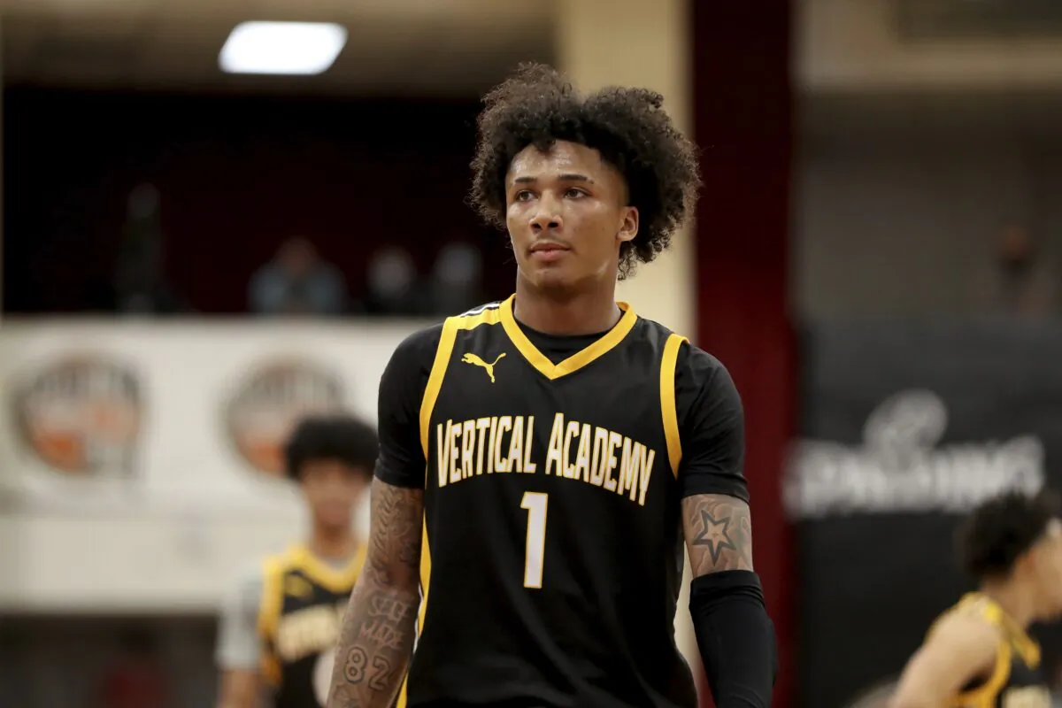 Vertical Academy's Mikey Williams (1) looks on during a high school basketball game against Westtown School at the Hoophall Classic in Springfield, Mass., on Jan. 14, 2022. (Gregory Payan/AP Photo)