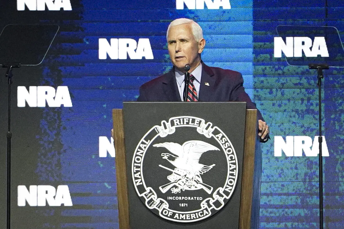 Former U.S. Vice President Mike Pence speaks at the National Rifle Association in Indianapolis, Ind., on April 14, 2023. (Madalina Vasiliu/The Epoch Times)
