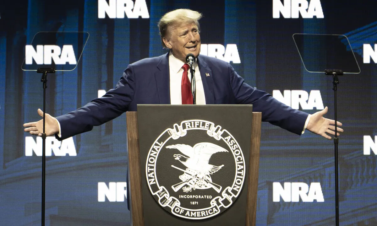 Former President Donald J. Trump speaks at the National Rifle Association in Indianapolis, Ind., on April 14, 2023. (Madalina Vasiliu/The Epoch Times)