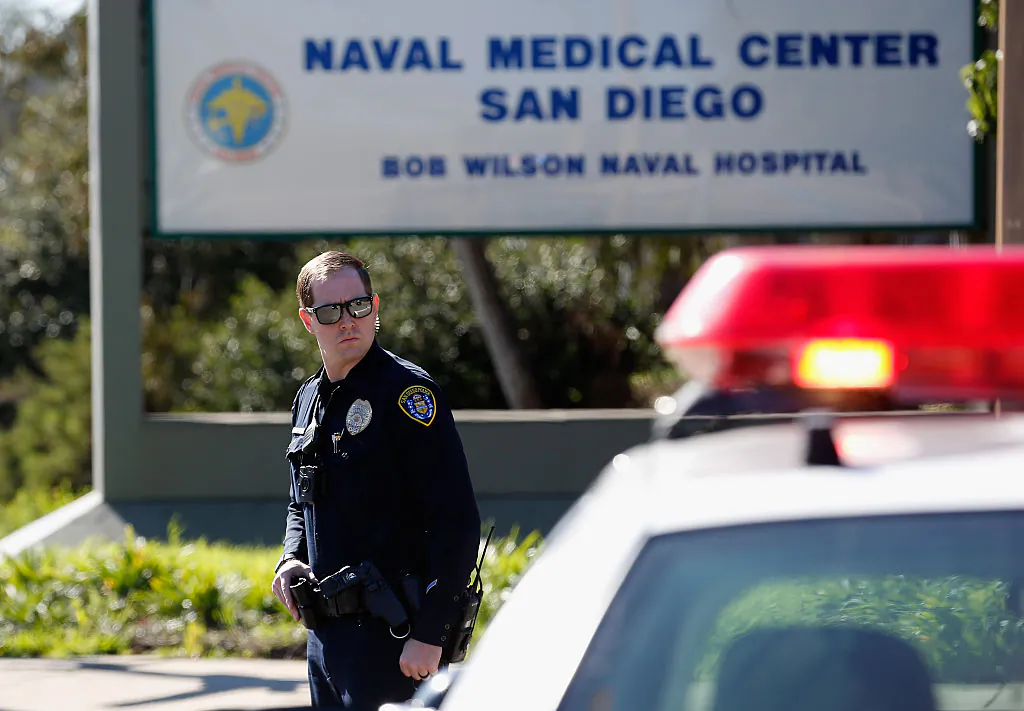 A San Diego Police officer controls traffic outside Naval Medical Center San Diego after reports of gunfire inside the Military Hospital on Jan. 26, 2016. (Sean M. Haffey/Getty Images)