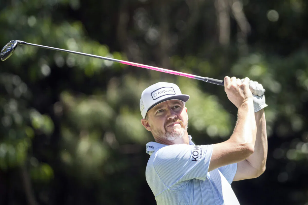 Jimmy Walker watches his drive off the 12th tee during the second round of the RBC Heritage golf tournament, in Hilton Head Island, S.C., on April 14, 2023. (Stephen B. Morton/AP Photo)