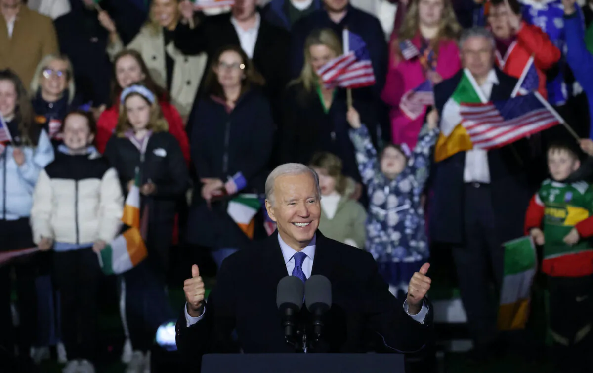 In this handout image provided by the Irish Government, U.S. President Joe Biden speaks to the crowd during a celebration event at St. Muredach's Cathedral in Ballina, Ireland on April 14, 2023. (Julien Behal/Irish Government via Getty Images)