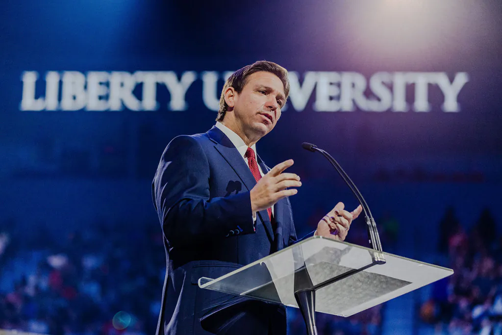 Florida Gov. Ron DeSantis speaks at Liberty University in Lynchburg, Va., on Apr. 14, 2023. (Courtesy of Liberty University)
