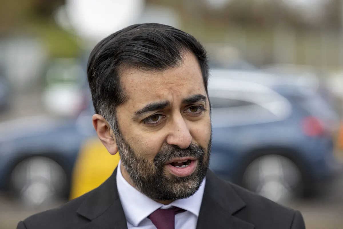Scotland's First Minister Humza Yousaf speaking to the media at Crookston Castle Primary School, Glasgow, Glasgow, Scotland, on April 13, 2023. (Robert Perry/PA Media)