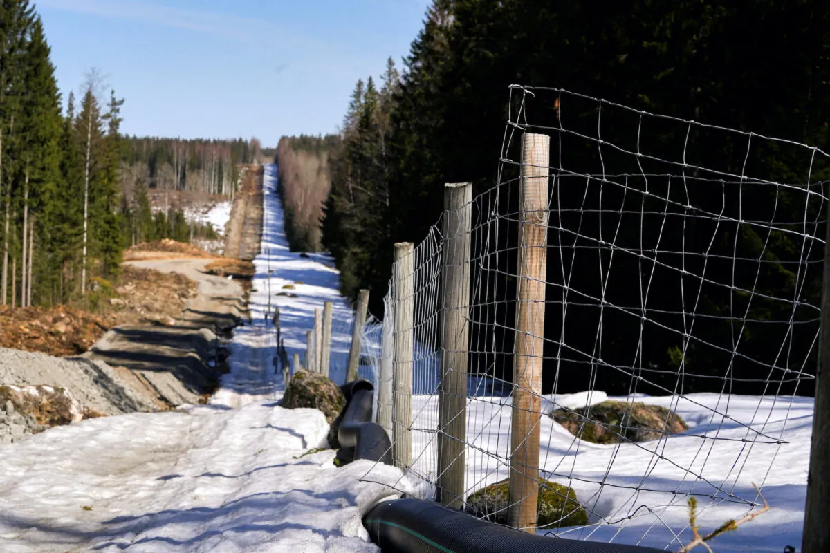 Fencing on the border with Russia in Pelkola, Finland, on April 14, 2023. (Janis Laizans/Reuters)