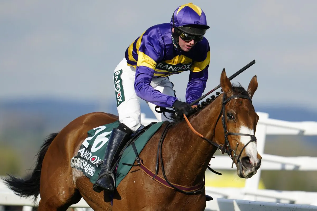 Derek Fox rides Corach Rambler to win the Grand National horse race at Aintree Racecourse Liverpool, England, on April 15, 2023. (Jon Super/AP Photo)