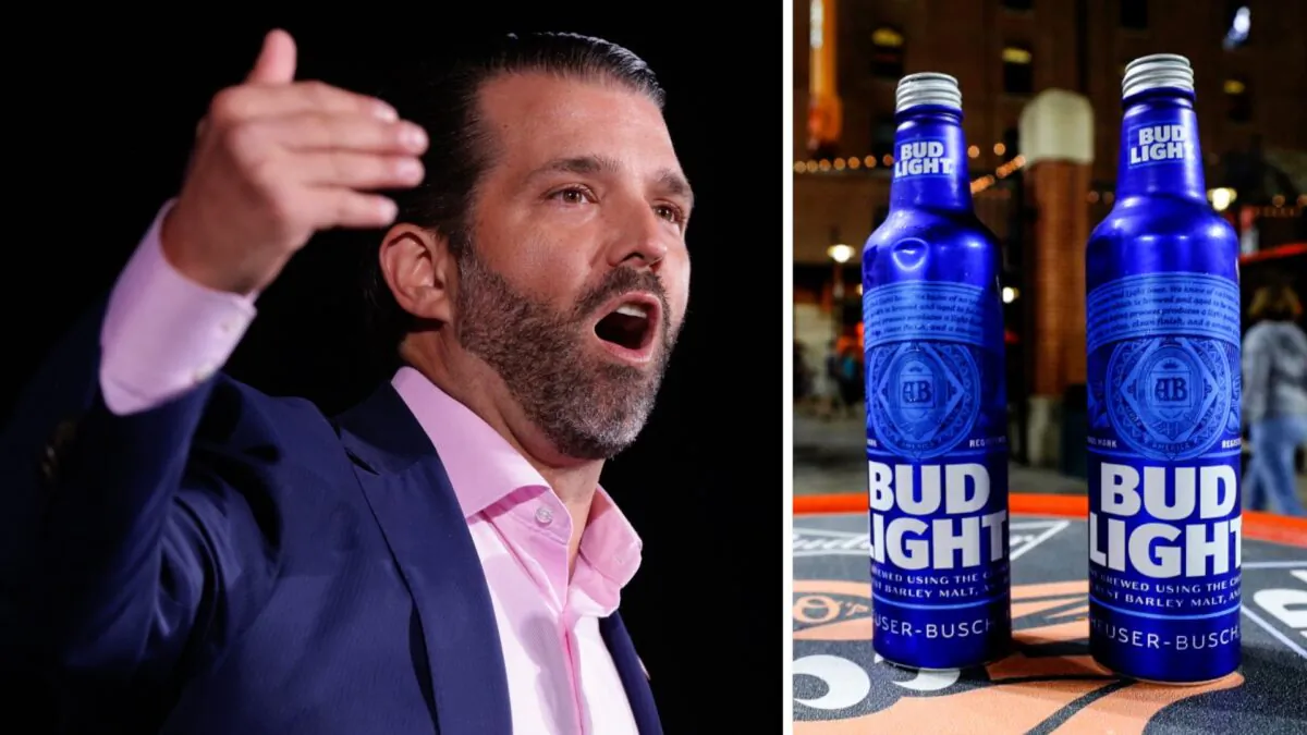 L: Donald Trump Jr. speaks during a Republican National Committee Victory Rally at Dalton Regional Airport in Dalton, Ga., on Jan. 4, 2021. (Alex Wong/Getty Images)
R: Bud Light beer cans sit on a table at Oriole Park at Camden Yards in Baltimore, Md., on Sept. 19, 2019. (Rob Carr/Getty Images)