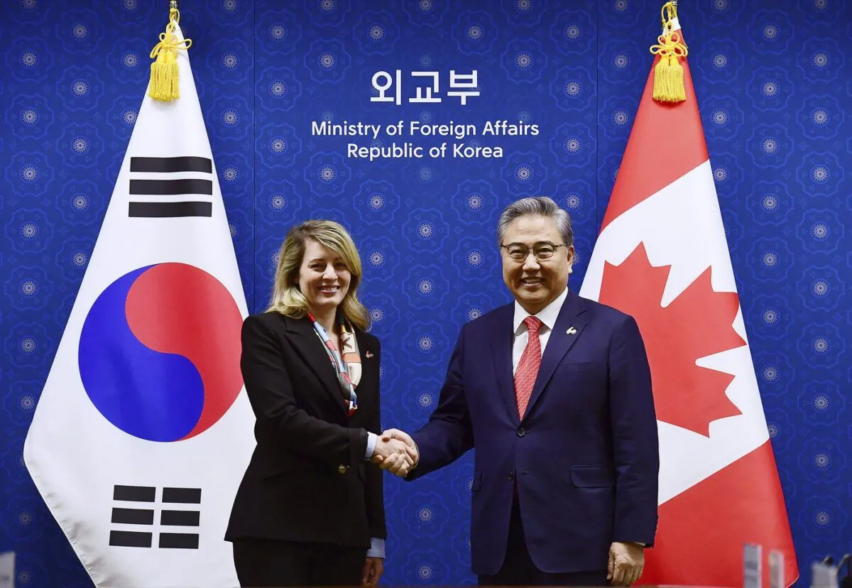 Canada's Foreign Minister Melanie Joly, left, shakes hands with South Korean Foreign Minister Park Jin prior to a meeting at the Foreign Ministry in Seoul, South Korea Saturday, April 15, 2023. (The Canadian Press/Kim Min-Hee/Pool Photo via AP)
