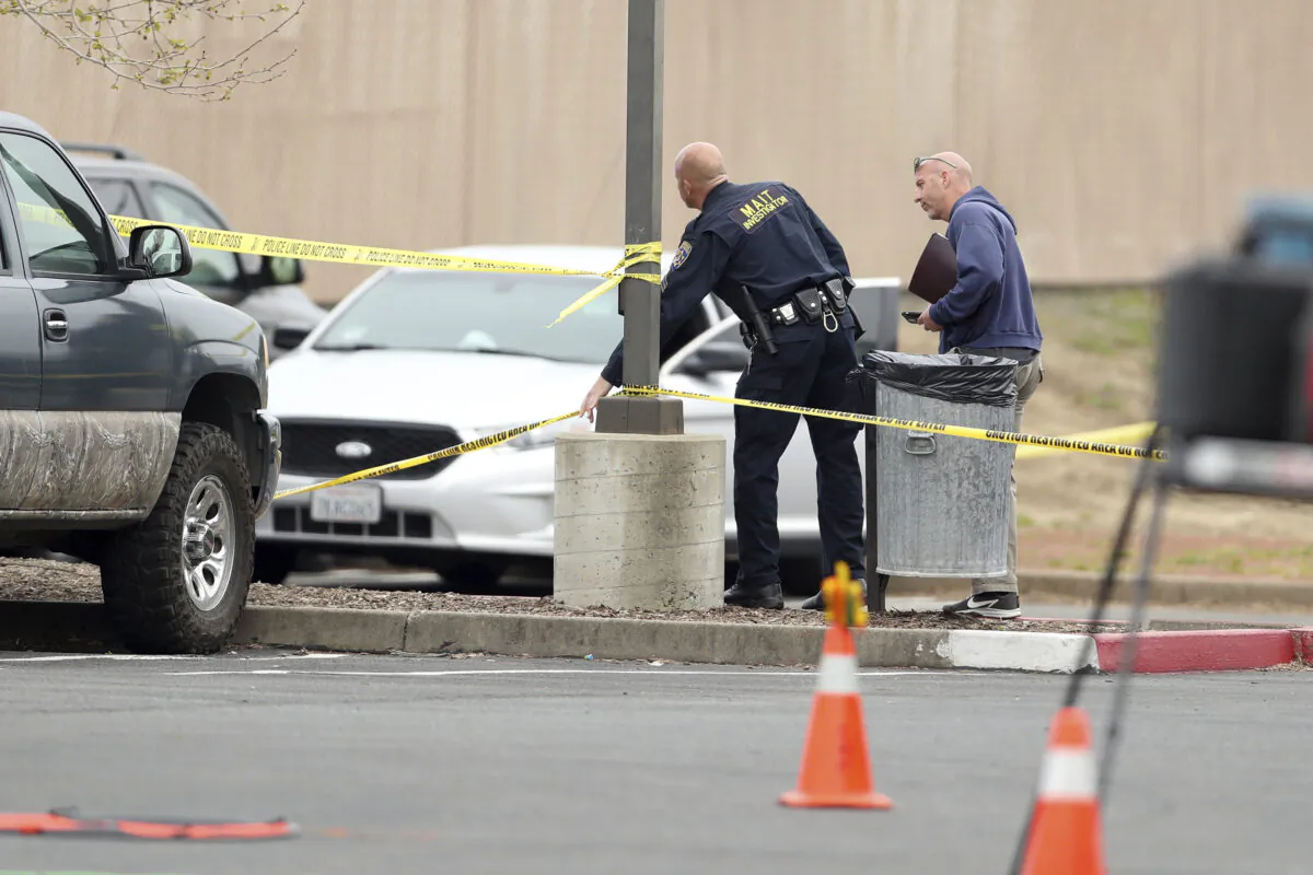 Police investigate a shooting near Mahany Park in Roseville, Calif., on April 6, 2023. (Scott Strazzante/San Francisco Chronicle via AP)