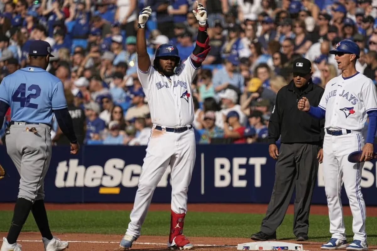 Toronto Blue Jays designated hitter Vladimir Guerrero Jr. celebrates hitting a single against the Tampa Bay Rays during the seventh inning at Rogers Centre in Toronto on April 15, 2023. (John E. Sokolowski/USA TODAY Sports via Field Level Media)