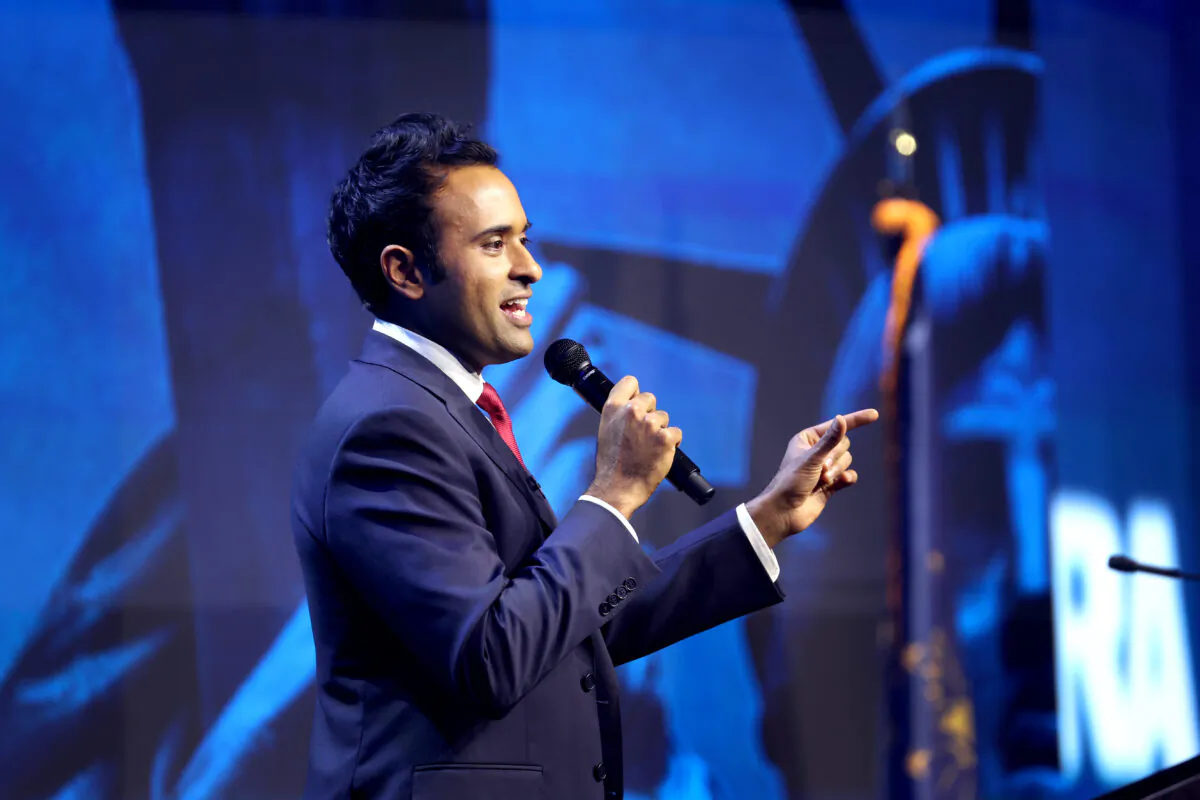 Republican presidential candidate Vivek Ramaswamy speaks to guests at the 2023 NRA-ILA Leadership Forum in Indianapolis, Indiana, on April 14, 2023. (Scott Olson/Getty Images)
