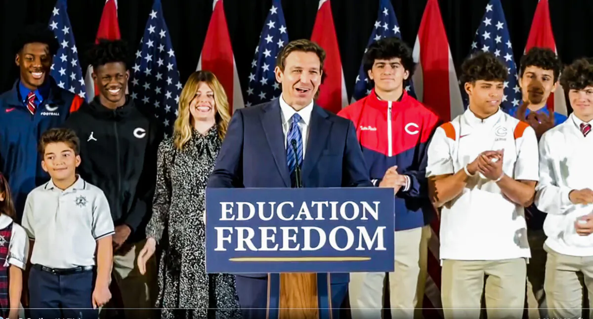 Florida Gov. Ron DeSantis at the signing of the state's universal school choice bill at Christopher Columbus High School in Miami on March 27, 2023. (Courtesy of the Florida Governor's Office)
