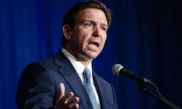 Florida Gov. Ron DeSantis delivers remarks during the New Hampshire GOP's Amos Tuck Dinner in Manchester, N.H., on April 14, 2023. (Scott Eisen/Getty Images)