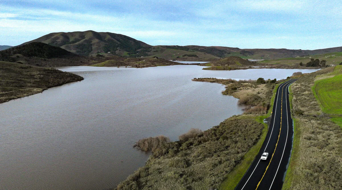 The Nicasio Reservoir is seen at 100 percent capacity after a series of atmospheric river events drenched the state in Nicasio, Calif., on Jan. 12, 2023. (Justin Sullivan/Getty Images)