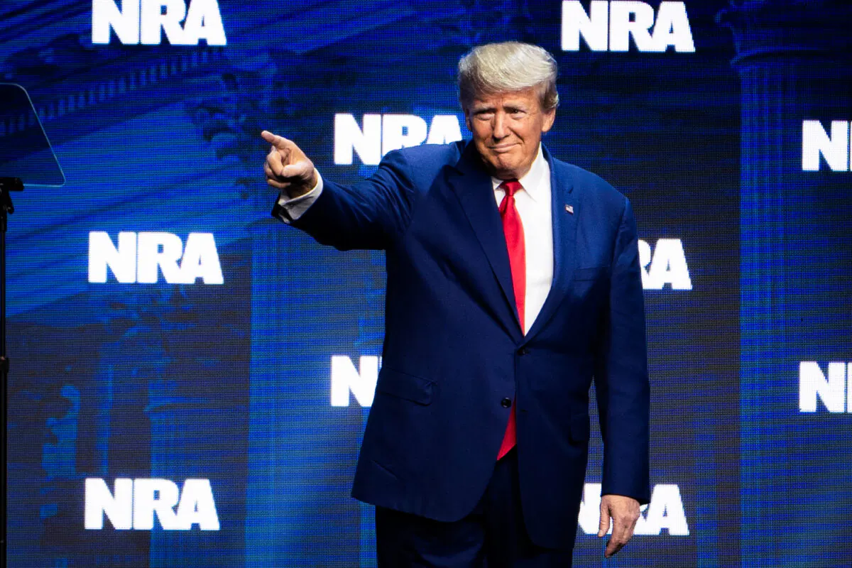 Former President Donald J. Trump speaks at the National Rifle Association in Indianapolis, Ind., on April 14, 2023. (Madalina Vasiliu/The Epoch Times)