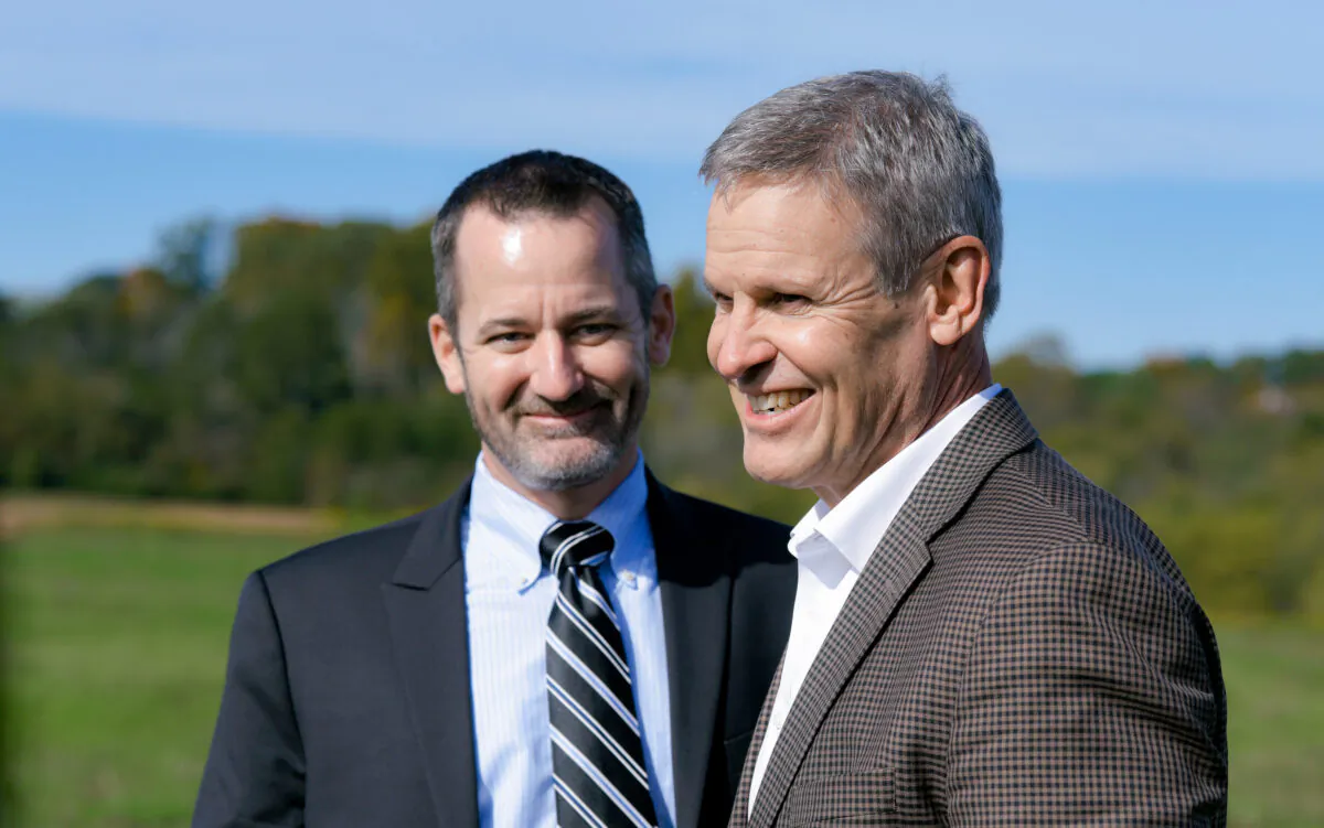 Smith and Wesson President and CEO Mark Smith (L) and Tennessee Governor Bill Lee prepare for a ground breaking ceremony for the new Tennessee location for the firearms manufacturer in Alcoa, Tenn., on Nov. 5, 2021. (Scott Keller/The Daily Times via AP)