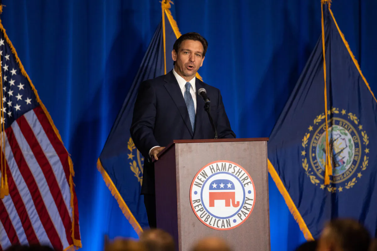 Florida Gov. Ron DeSantis delivers remarks during the New Hampshire GOP's Amos Tuck Dinner in Manchester, N.H., on April 14, 2023. (Scott Eisen/Getty Images)