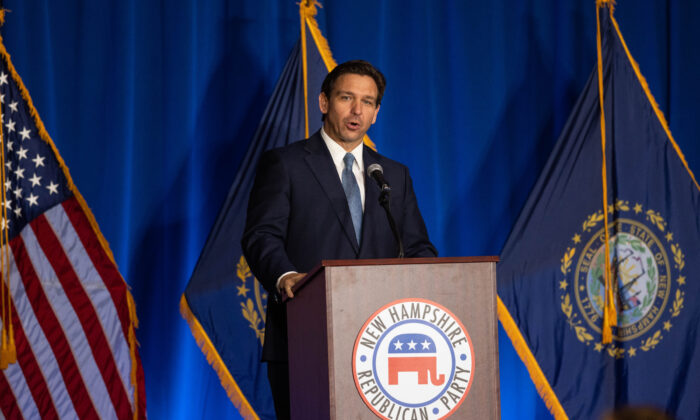 Florida Gov. Ron DeSantis delivers remarks during the New Hampshire GOP's Amos Tuck Dinner in Manchester, N.H., on April 14, 2023. (Scott Eisen/Getty Images)