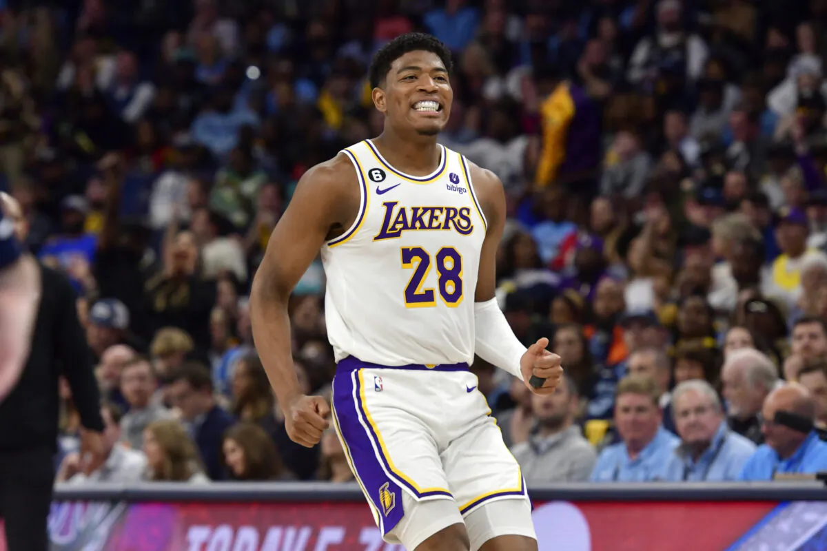 Los Angeles Lakers forward Rui Hachimura (28) reacts during Game 1 of a first-round NBA basketball playoff series against the Memphis Grizzlies in Memphis on April 16, 2023. (Brandon Dill/AP Photo)